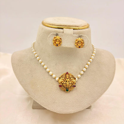 Temple Lakshmi Pearl Necklace Set with Antique Gold Finish