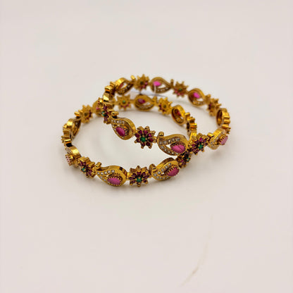Gold-Plated Temple Bangles with Ruby & Green Stone Work (Pair)