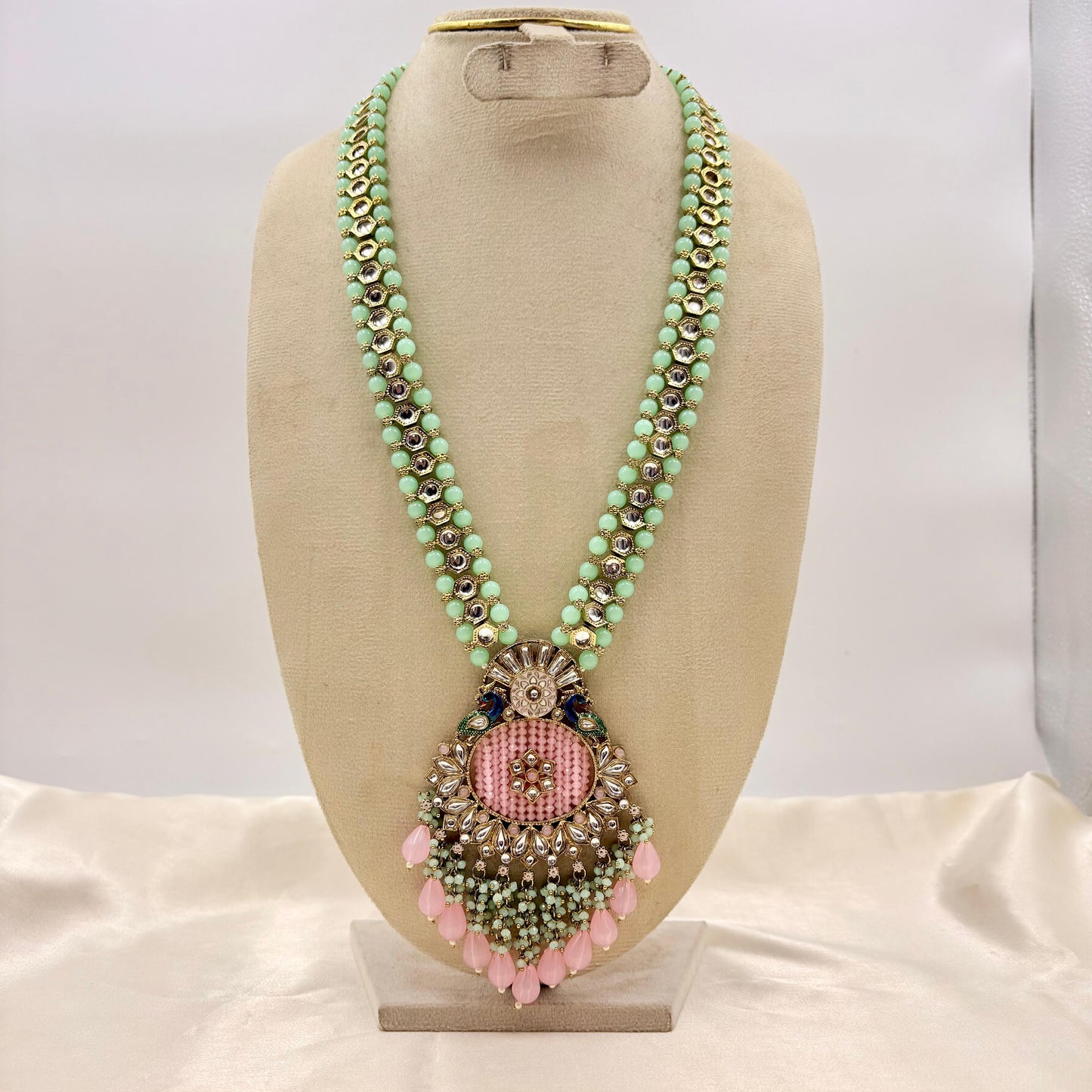 Pastel Mint & Blush Kundan Long Necklace Set with Earrings & Maang Tikka