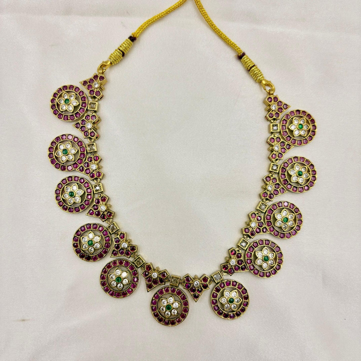 Kemp Stone Temple Necklace Set with Earrings – Ruby & Green Traditional Jewellery
