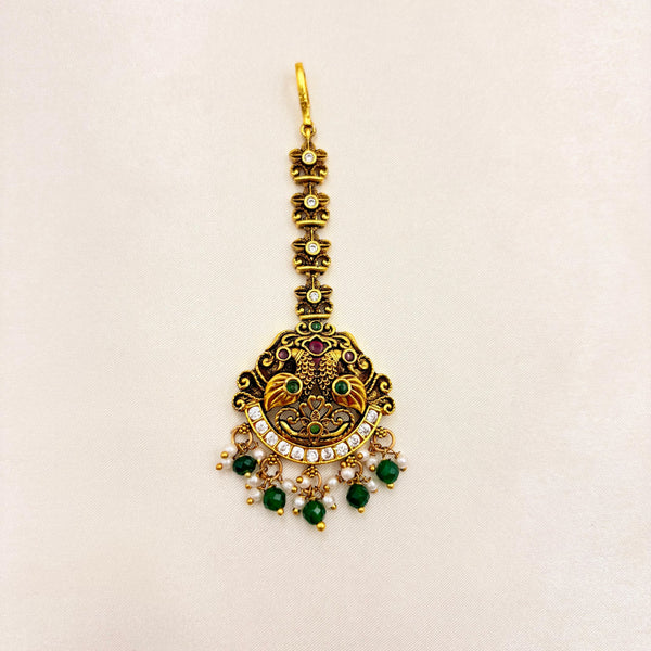 Antique Peacock Temple Maang Tikka with CZ Stones, Green Beads & Pearl Drops