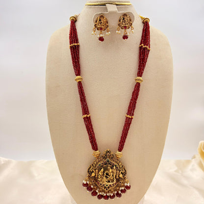 Temple Jewellery Red Beads Lakshmi Pendant Necklace Set with Jhumka Earrings | Antique Gold Finish