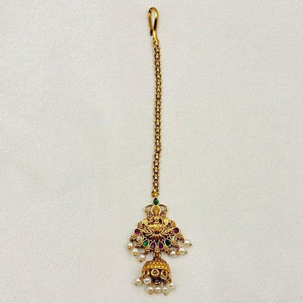Lakshmi Temple Maang Tikka with Pearl Jhumka – Antique Gold Finish