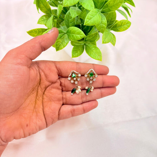 Green Crystal Drop Earrings with Pearl Accents