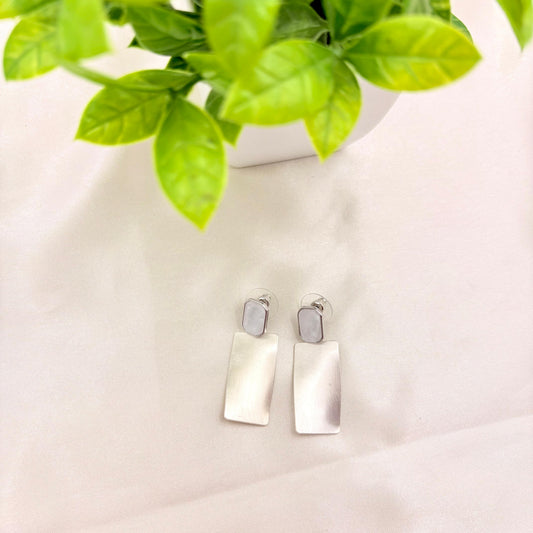 Silver White Stone Rectangular Drop Earrings