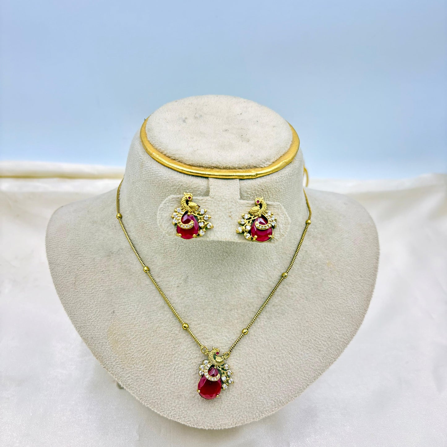 Antique Gold Peacock Pendant Necklace Set with Ruby Stone