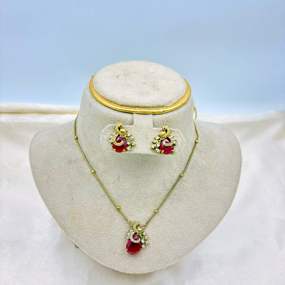 Antique Gold Peacock Pendant Necklace Set with Ruby Stone
