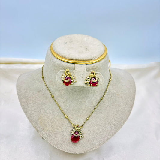 Antique Gold Peacock Pendant Necklace Set with Ruby Stone