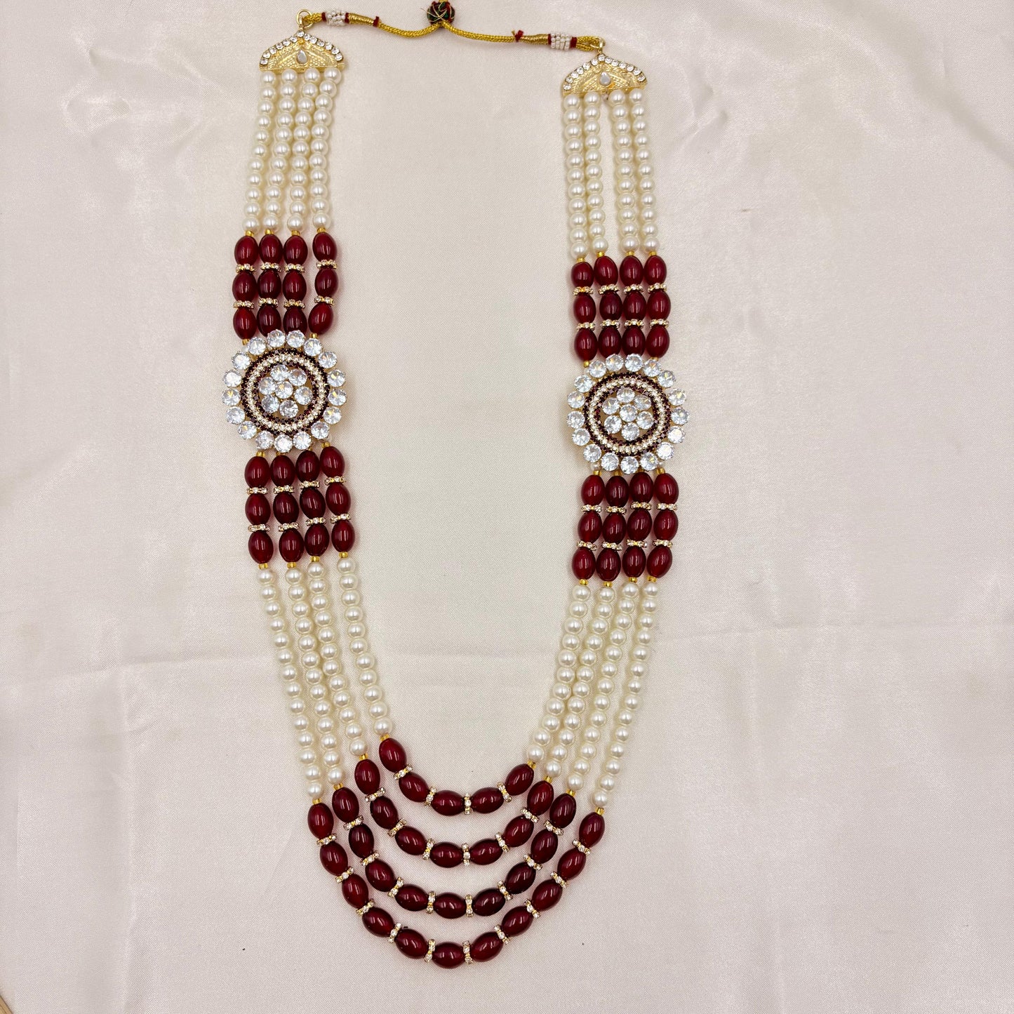 Ruby Red & Pearl Multi-Layer Long Necklace with Crystal Medallions