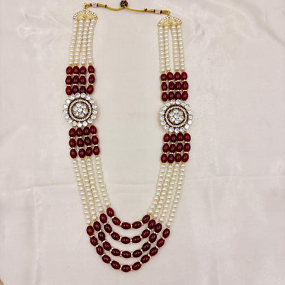 Ruby Red & Pearl Multi-Layer Long Necklace with Crystal Medallions
