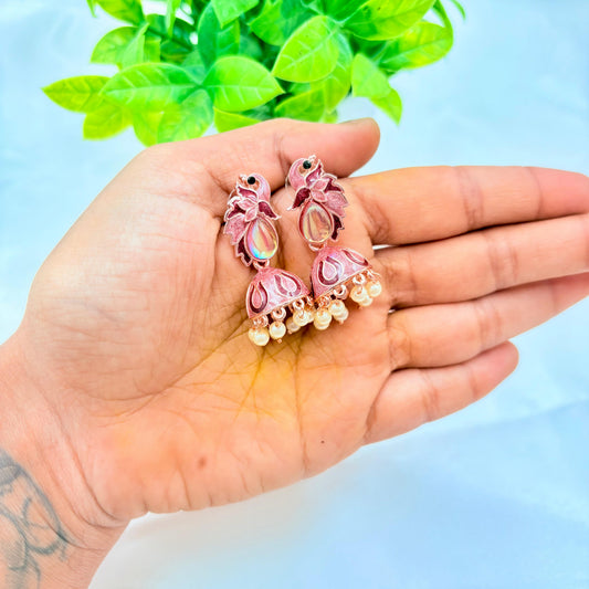 Pink Enamel Peacock Jhumka Earrings with Pearl Drops