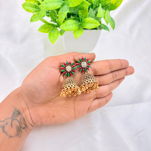 Antique Gold Kundan Floral Jhumka Earrings – Red & Green Stone Design