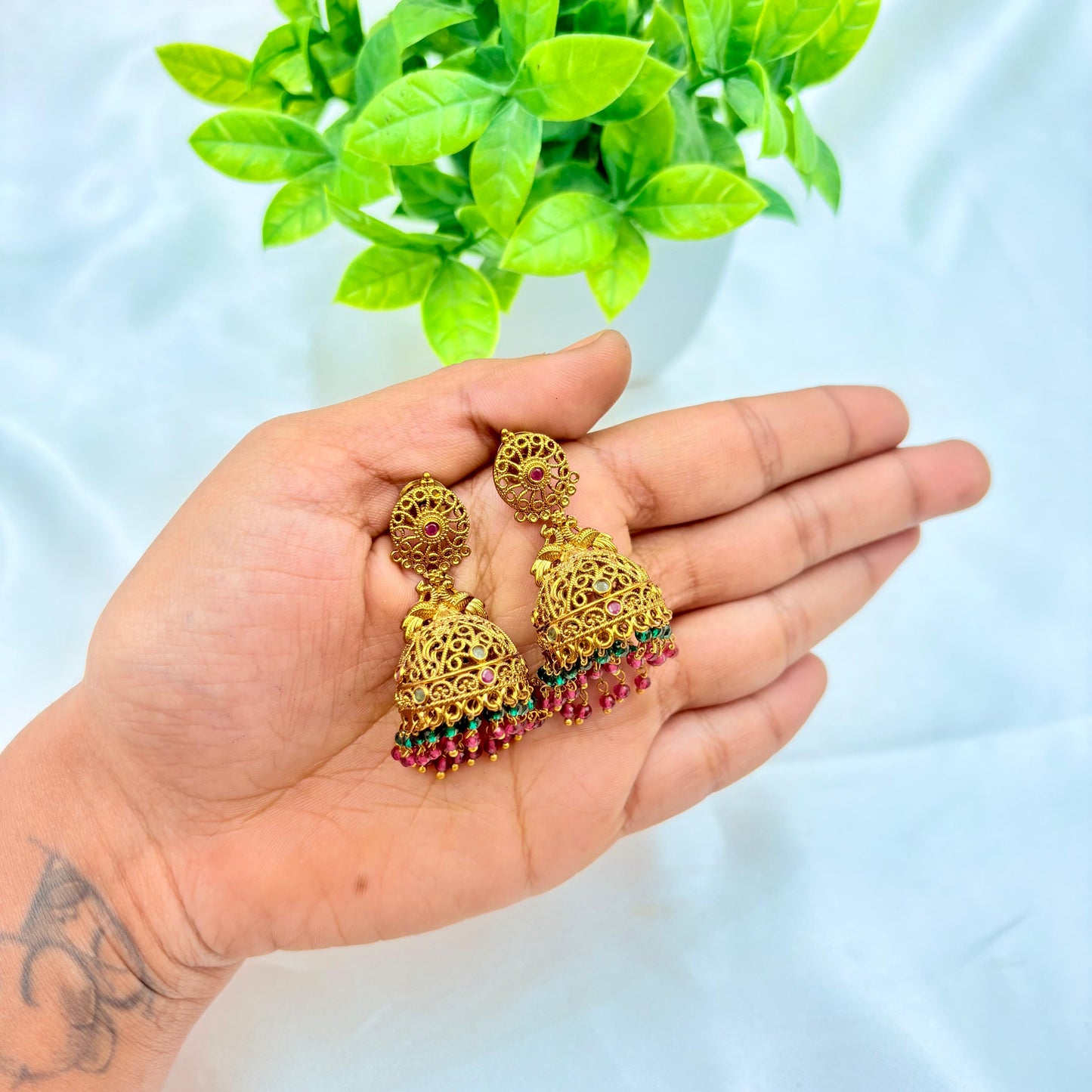 Antique Gold Temple Jhumka Earrings with Multicolor Bead Drops