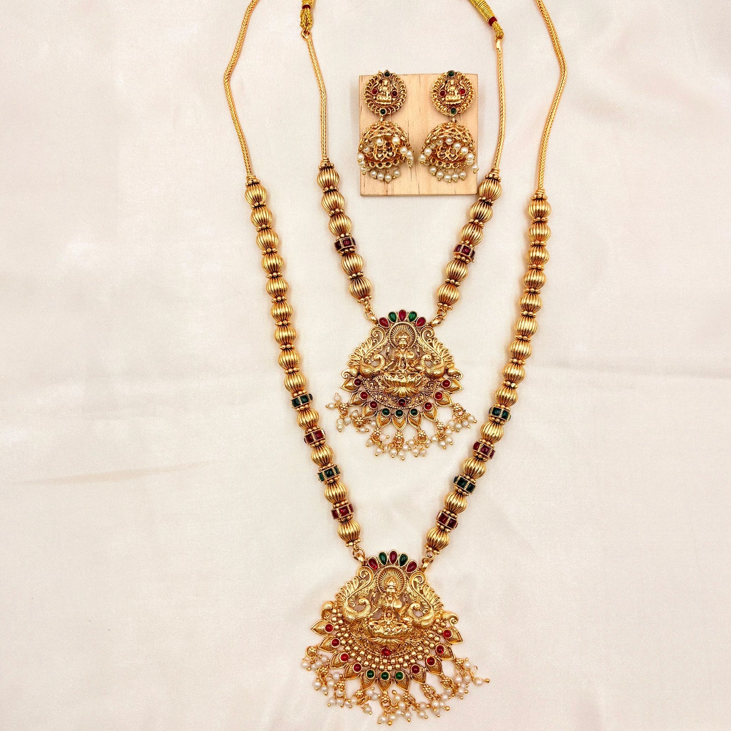 Grand Double Layer Lakshmi Temple Haram Set – Antique Gold Finish