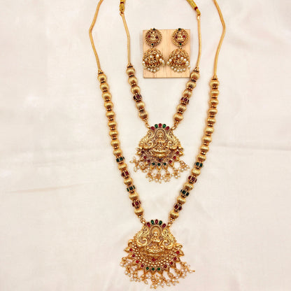 Grand Double Layer Lakshmi Temple Haram Set – Antique Gold Finish