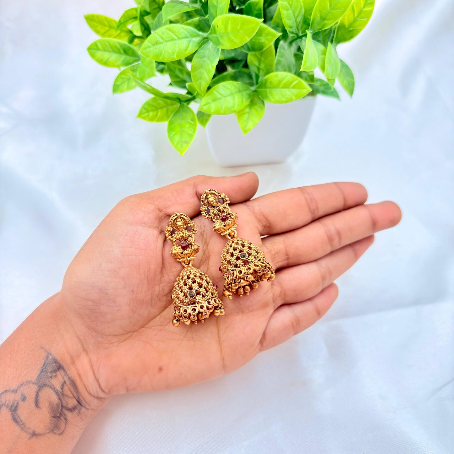 Antique Gold Lakshmi Temple Jhumka Earrings – Traditional South Indian Design