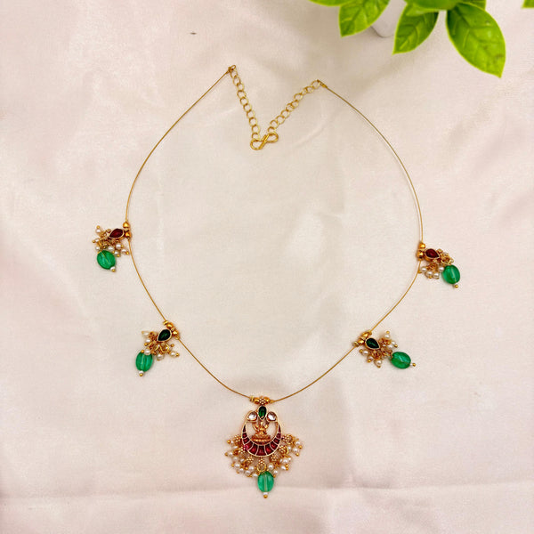 Gold Finish Temple Pendant Wire Necklace with Green Beads & Pearl Drops