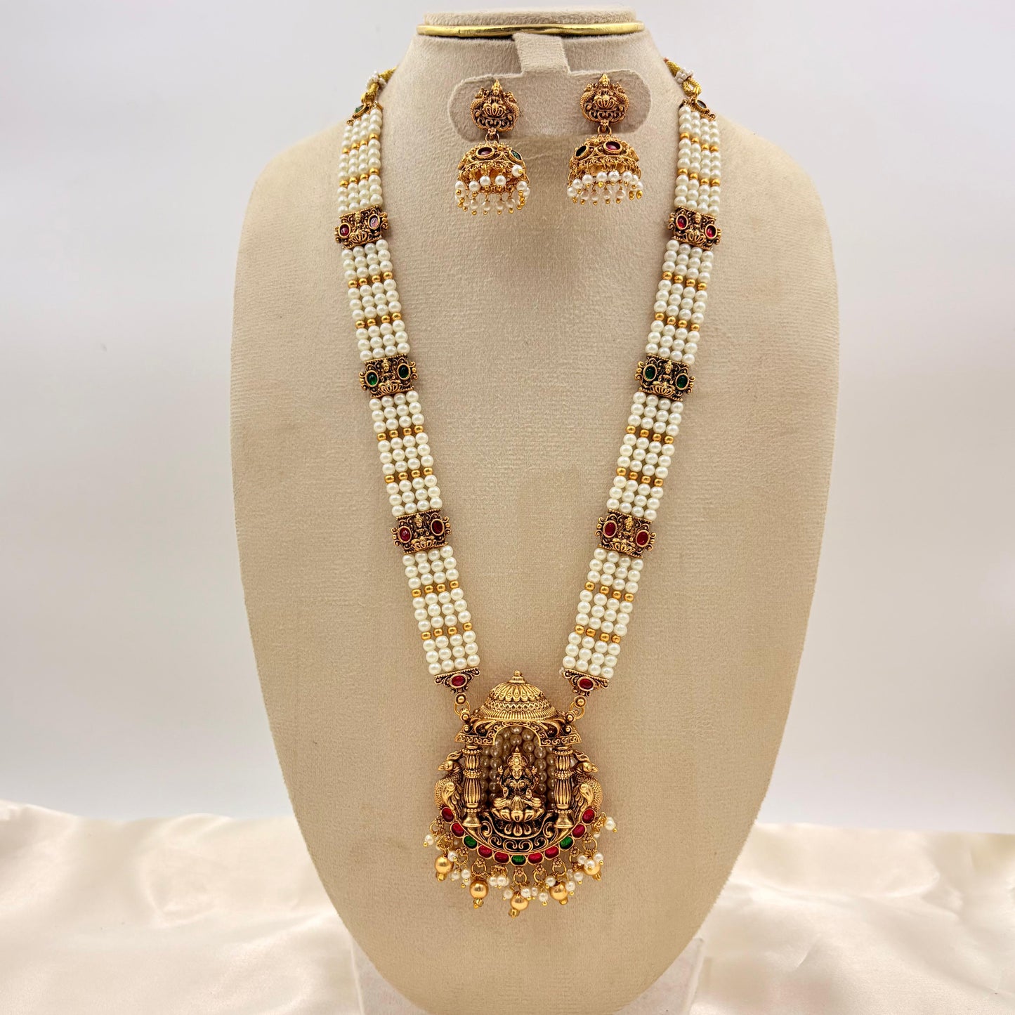 Pearl Temple Haaram with Lakshmi Pendant & Jhumka Earrings | Antique Gold Finish