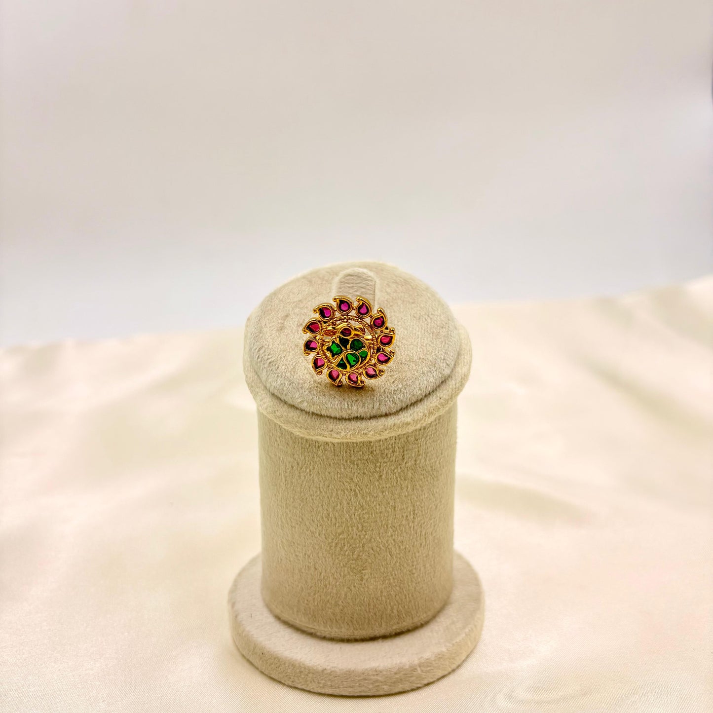 Traditional Temple Jewellery Finger Ring – Antique Gold Floral Ring with Ruby & Green Stones