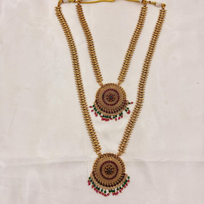 Antique Gold Dual Layer Long Haram Necklace Set with Circular Floral Pendants & Jhumka Earrings