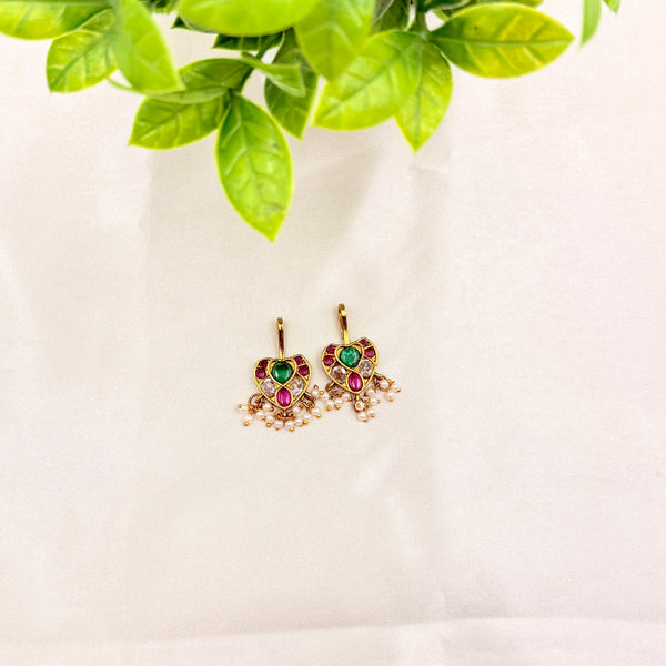 Gold Finish Heart Design Bugudi Earrings with Green & Red Stones