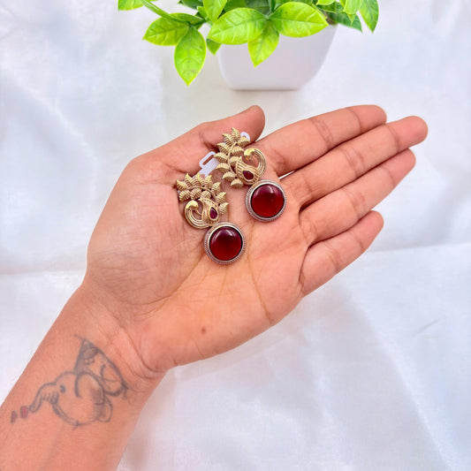 Antique Gold Peacock Design Earrings with Red Stone