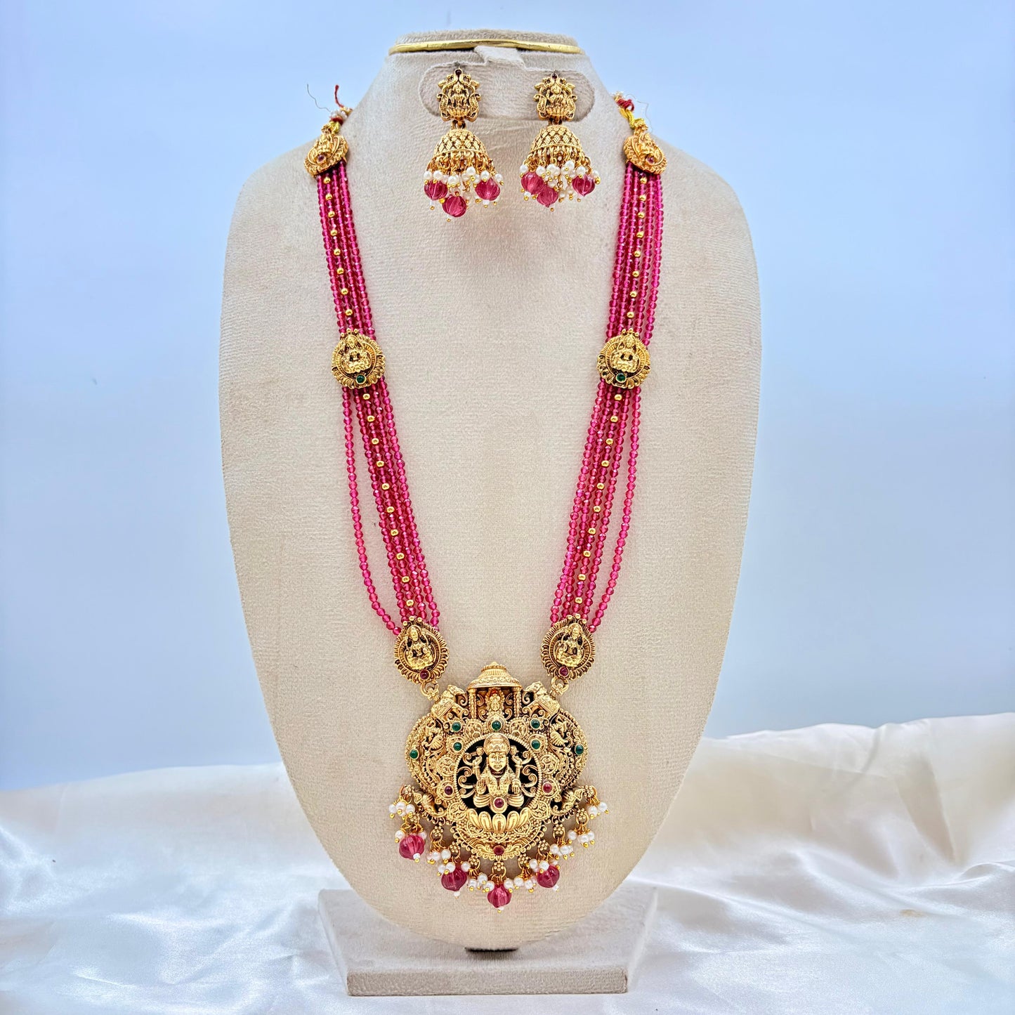 Antique Gold Finish Lakshmi Temple Long Necklace with Pink Beads & Jhumka Earrings