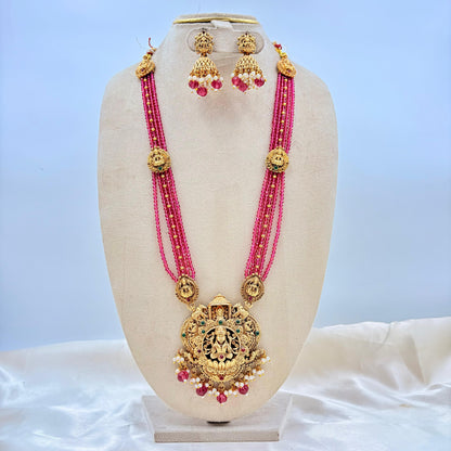 Antique Gold Finish Lakshmi Temple Long Necklace with Pink Beads & Jhumka Earrings