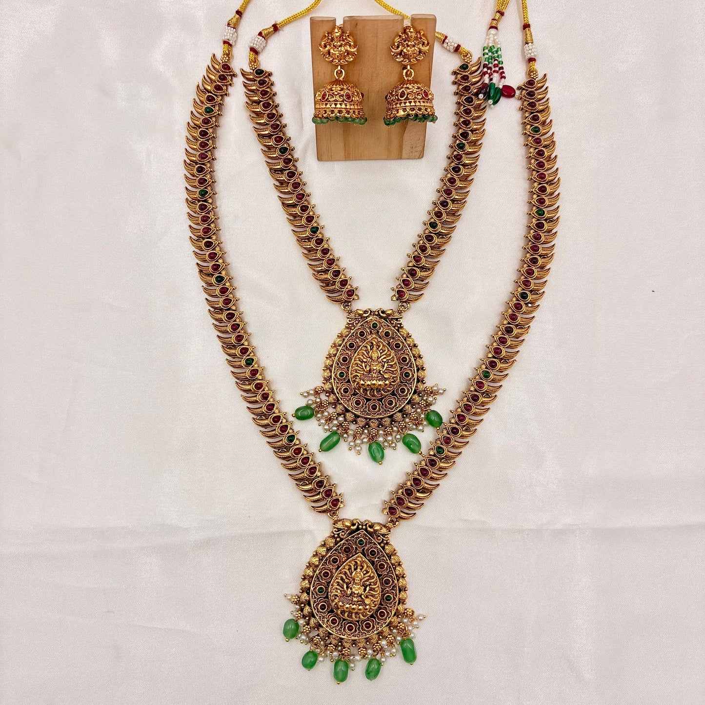Antique Gold Mango Design Dual Long Haram Necklace Set with Lakshmi Pendant & Jhumkas