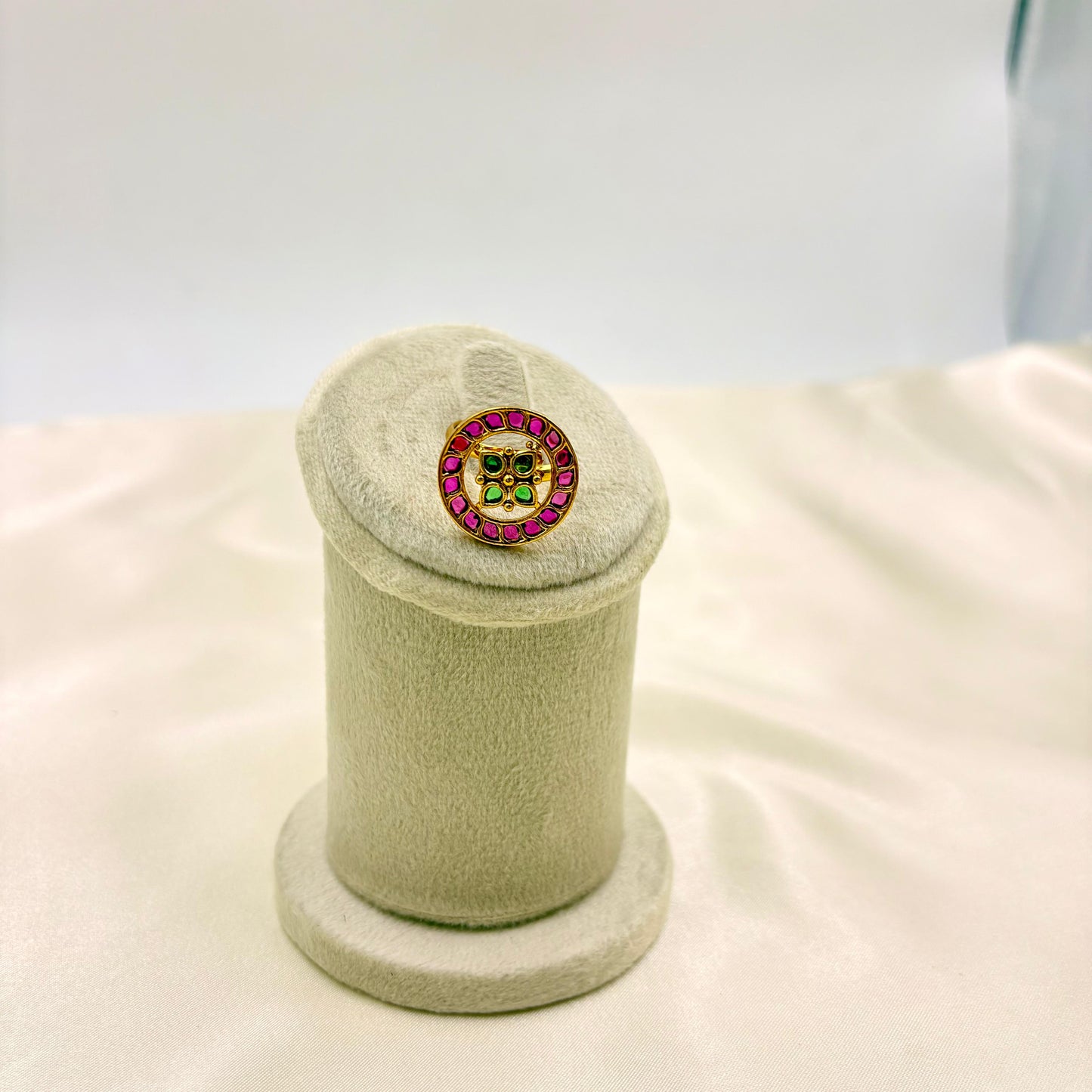 Traditional Temple Jewellery Finger Ring – Antique Gold Round Ring with Ruby & Green Stones