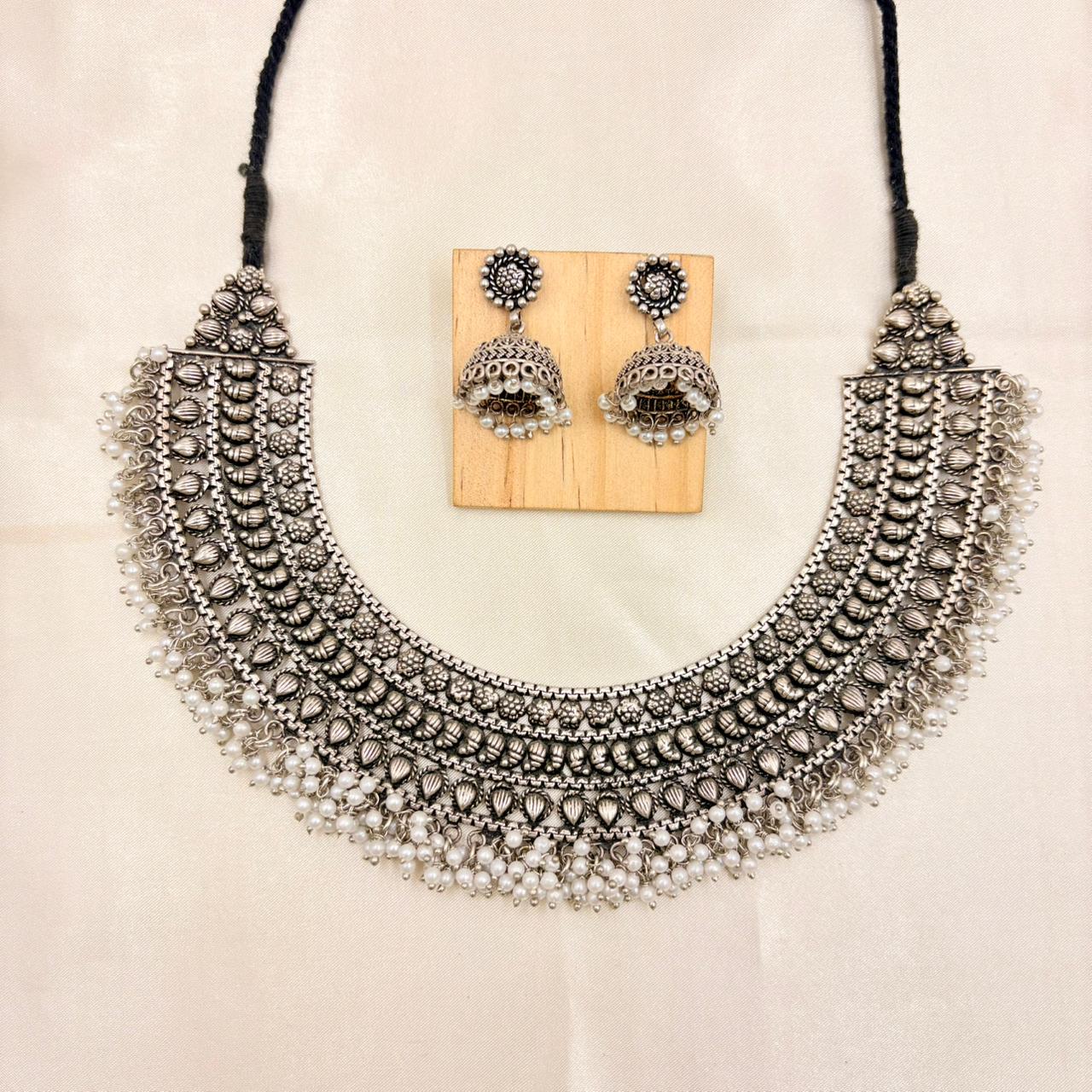 Oxidised Silver Pearl Fringe Choker Necklace Set with Jhumka Earrings