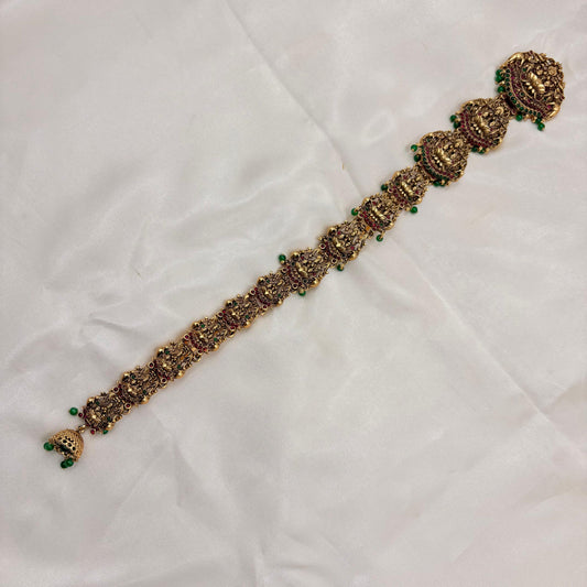 Antique Peacock & Lakshmi Long Jada Billa with Ruby–Green Stones (Bridal Hair Accessory)