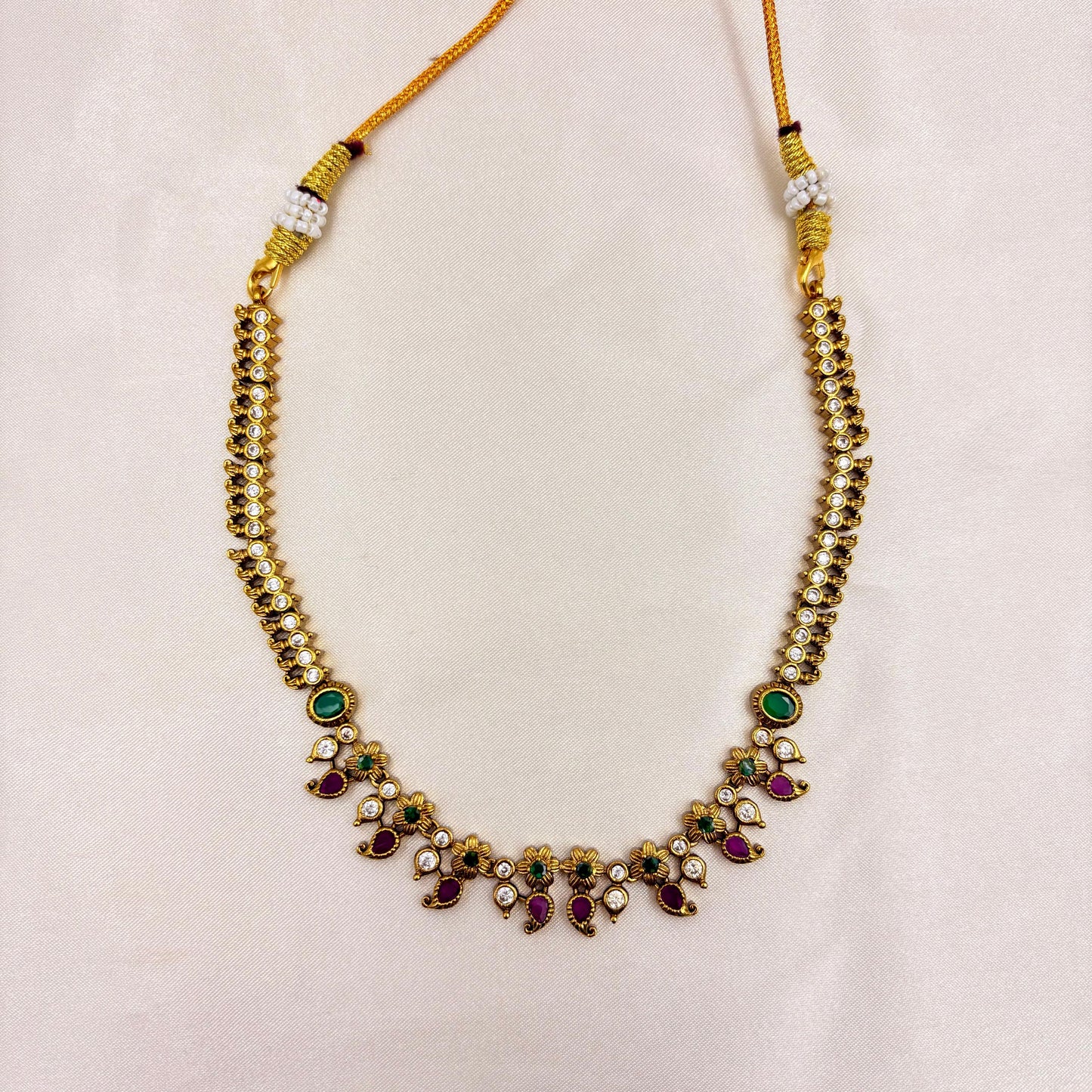 Antique Gold Finish Floral Necklace Set with Green & Pink Stones