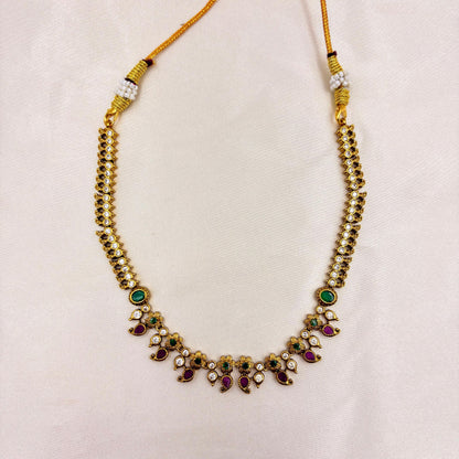 Antique Gold Finish Floral Necklace Set with Green & Pink Stones