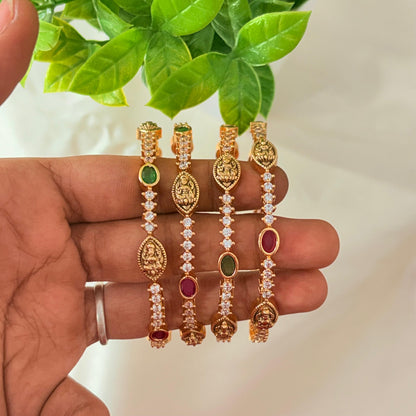 Gold-Plated Lakshmi Temple Bangles with Green & Ruby Stones – Traditional Bridal Design