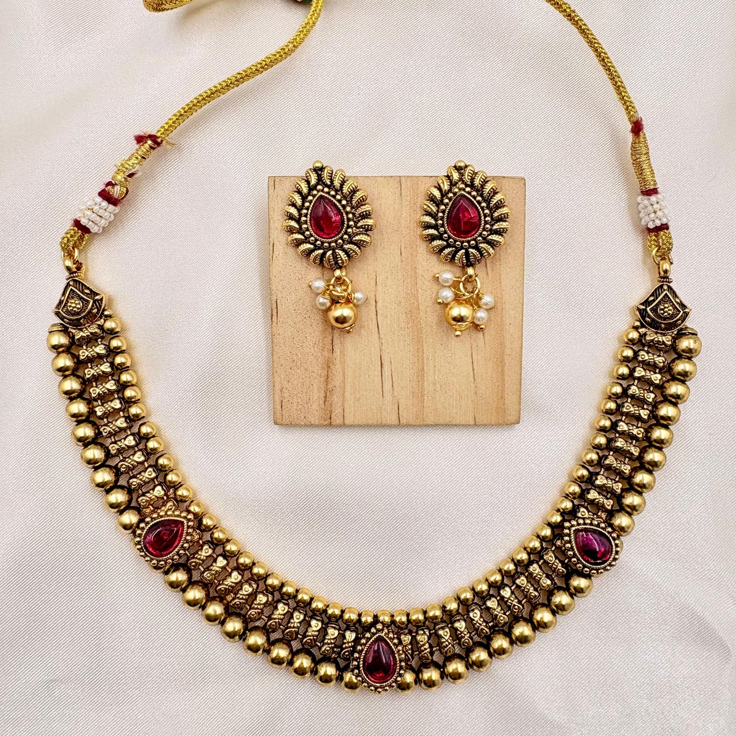 Antique Gold Ruby Stone Necklace Set with Pearl Drops | Traditional Bridal Jewellery