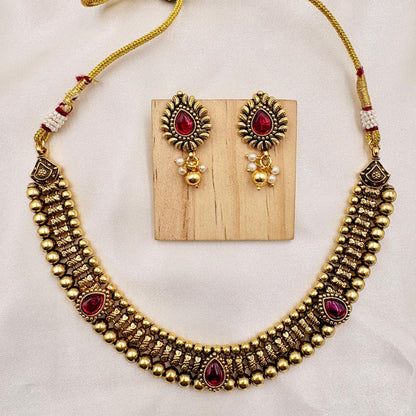 Antique Gold Ruby Stone Necklace Set with Pearl Drops | Traditional Bridal Jewellery