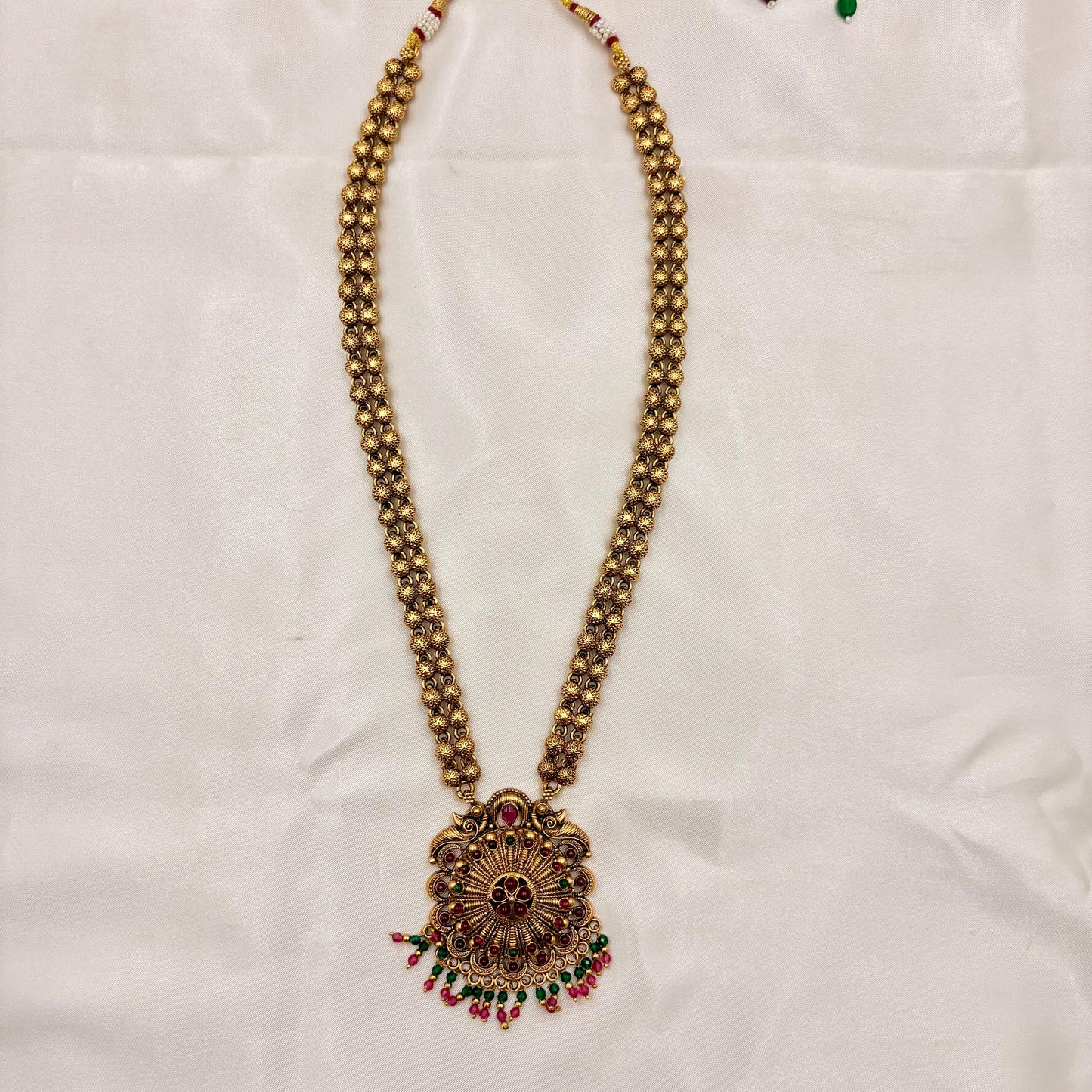 Antique Gold Floral Long Haram Necklace with Color Beads & Jhumka Earrings