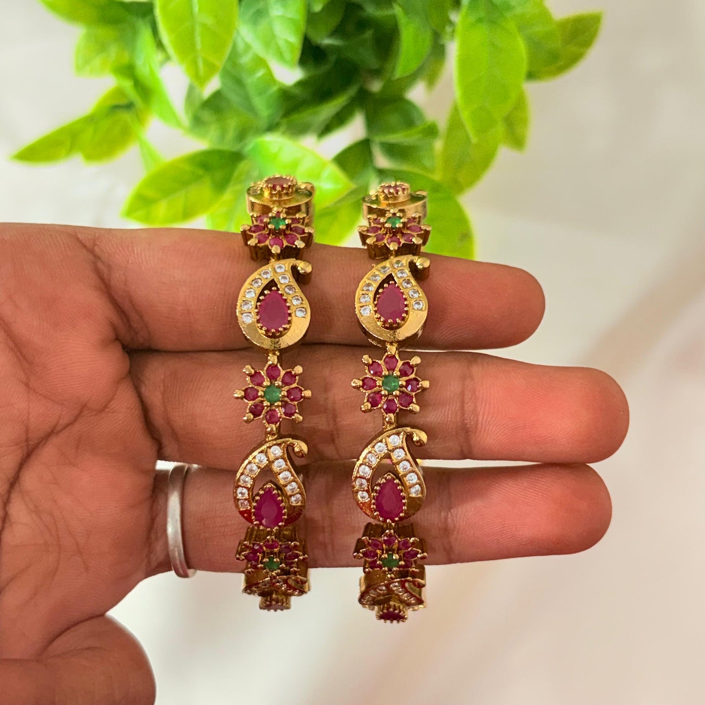 Gold-Plated Temple Bangles with Ruby & Green Stone Work (Pair)