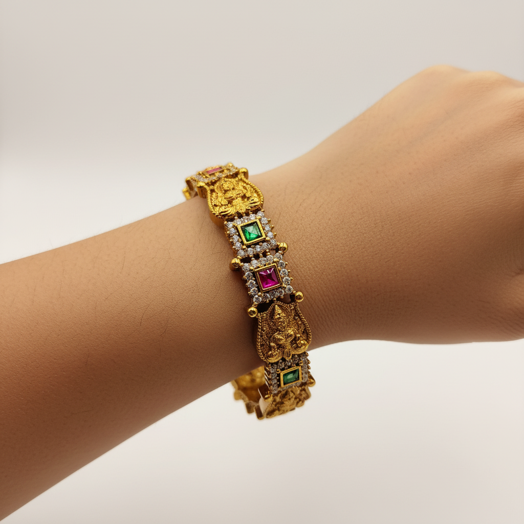 Antique Gold Lakshmi Temple Bangles with Ruby & Emerald Stones – Premium Traditional Bangle Set (Set of 2)