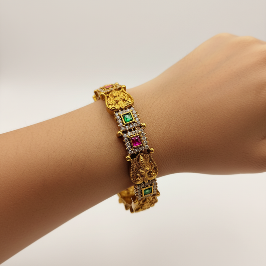 Antique Gold Lakshmi Temple Bangles with Ruby & Emerald Stones – Premium Traditional Bangle Set (Set of 2)