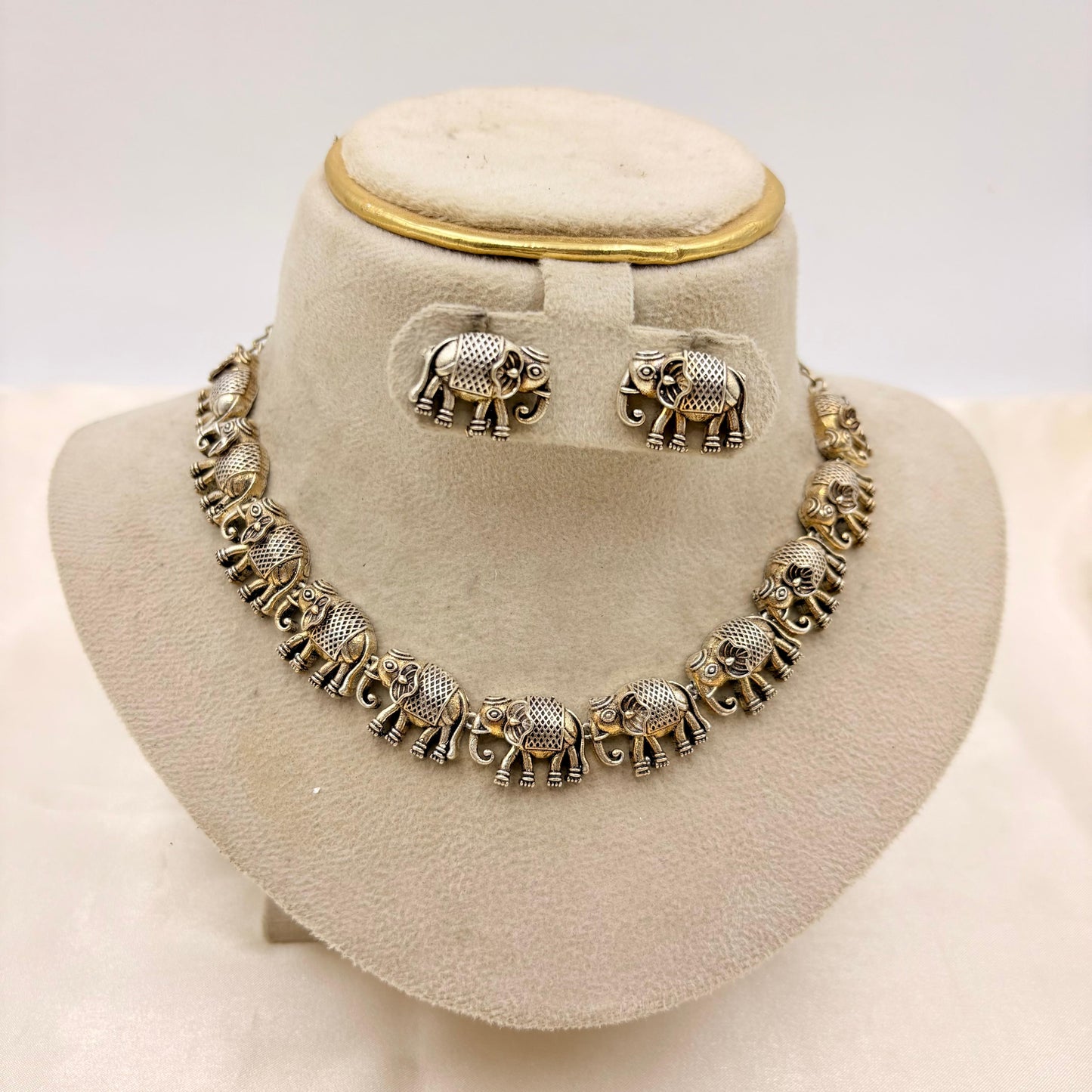 Oxidised Silver Elephant Motif Necklace Set with Stud Earrings