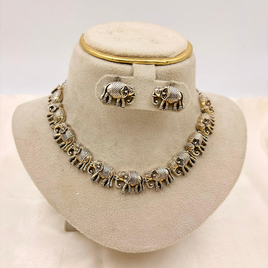 Oxidised Silver Elephant Motif Necklace Set with Stud Earrings