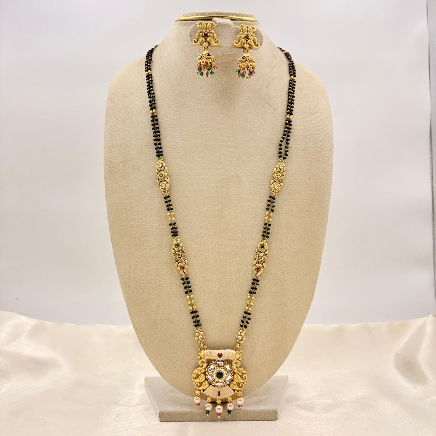 Antique Gold Long Mangalsutra with Floral Stone Pendant & Matching Earrings