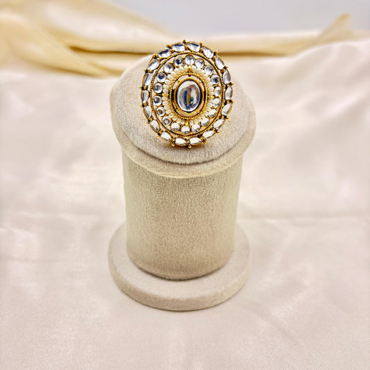 Oval Pearl Kundan Adjustable Finger Ring – White Stone