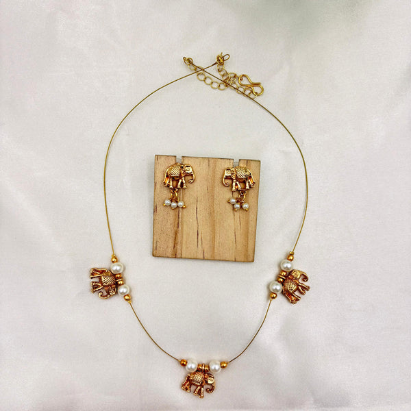 Gold Finish Elephant Motif Wire Necklace Set with Pearl Accents