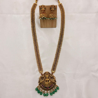 Antique Gold Lakshmi Long Haram with Double Gundu Chain & Green Bead Drops | Earrings Included