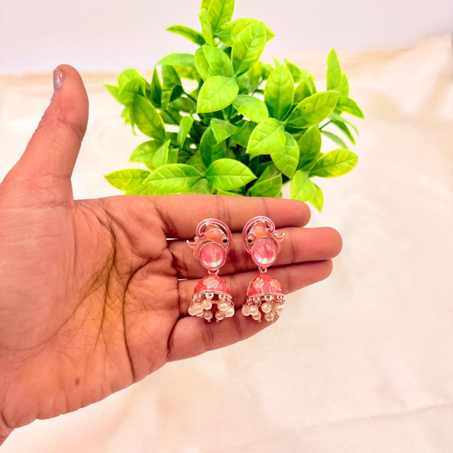 Peach Pink Enamel Jhumka Earrings with Pearl Drops
