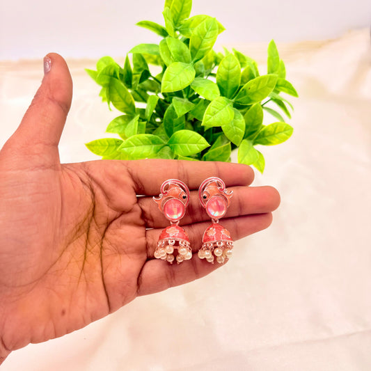 Peach Pink Enamel Jhumka Earrings with Pearl Drops