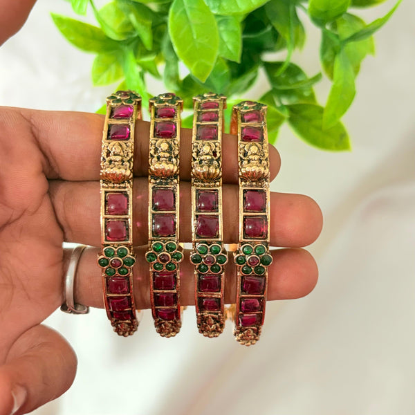 Antique Finish Ruby & Green Stone Temple Bangles | Traditional Bridal Design (Set of 4)